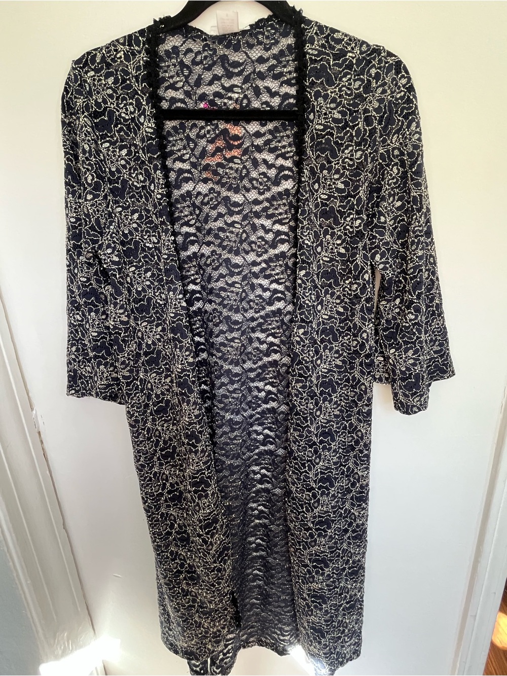 Honey & Lace NWT Bohemian Hippie Lace Duster Navy Blue & Cream Size Small